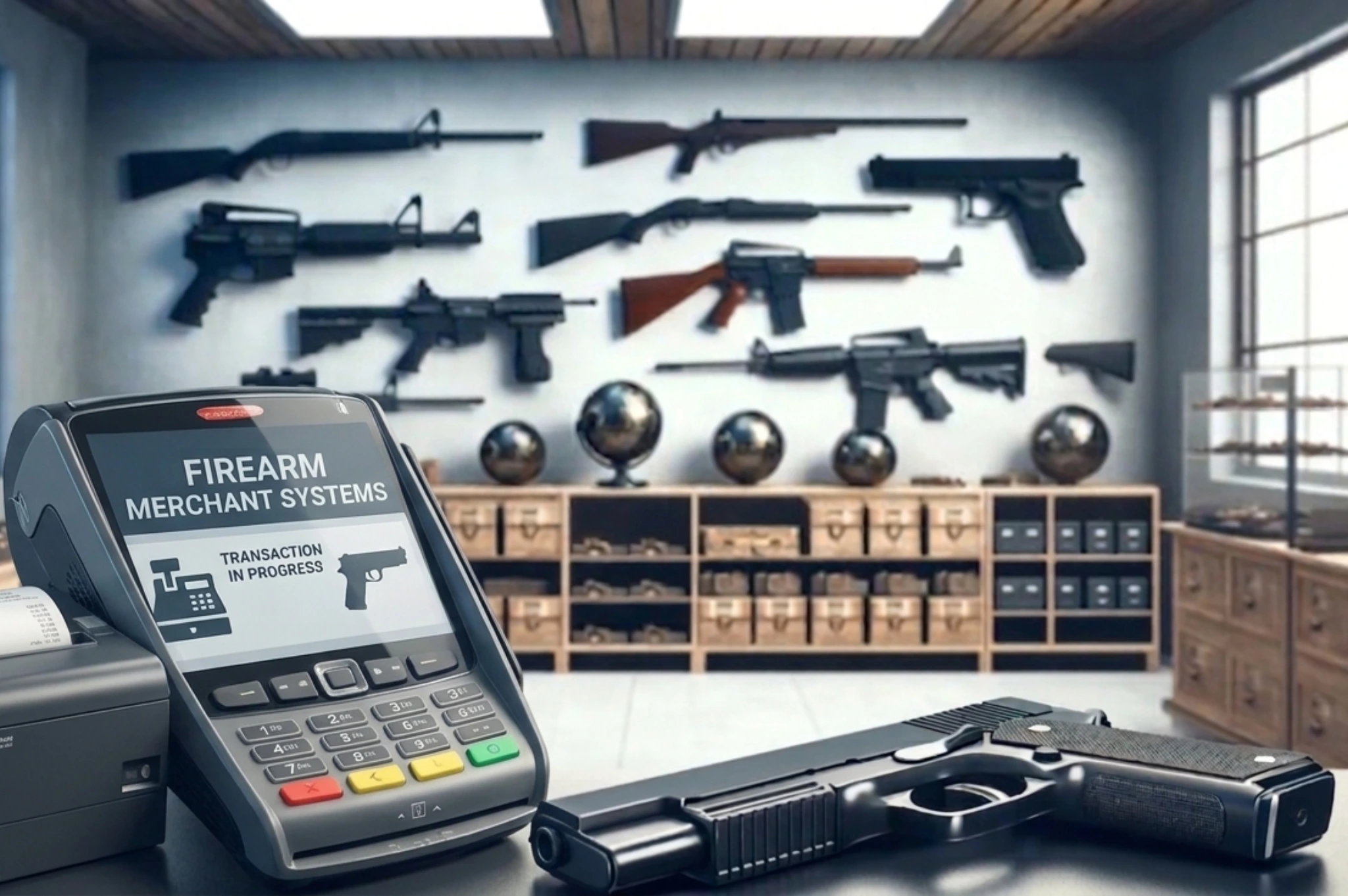 A modern credit card terminal and a receipt printer and background is a well-lit showroom of a gun shop.