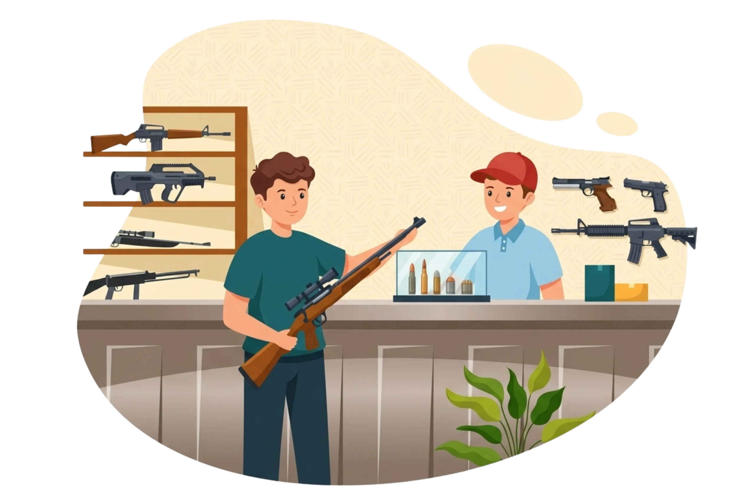 A customer holding a scoped rifle while a clerk in a red cap stands behind a wooden counter in a gun shop
