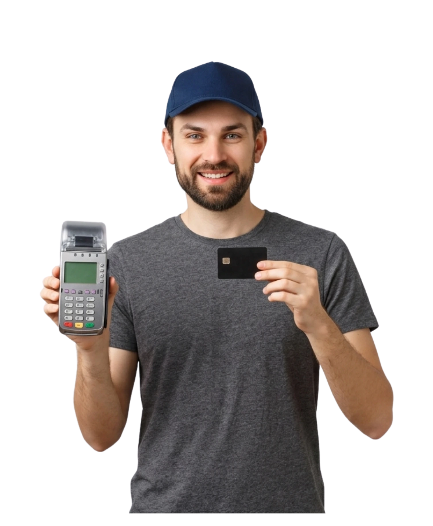 A man holds a silver credit card terminal, and in the other, he holds up a black credit card
