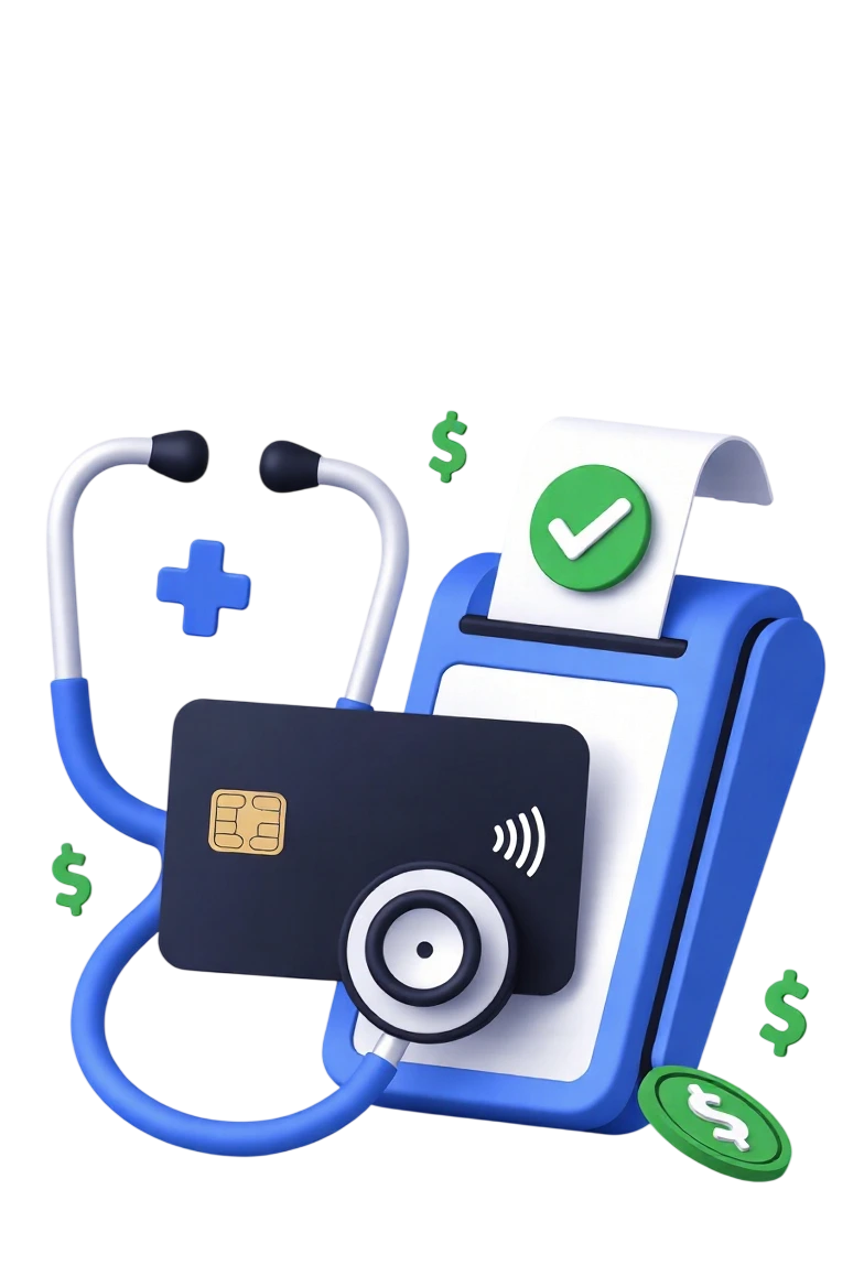 A blue stethoscope is wrapped around a black contactless credit card and a modern blue POS payment terminal