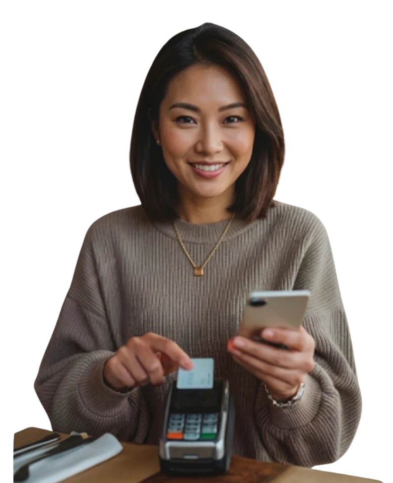 A smiling woman holding a smartphone uses a credit card at a payment terminal.