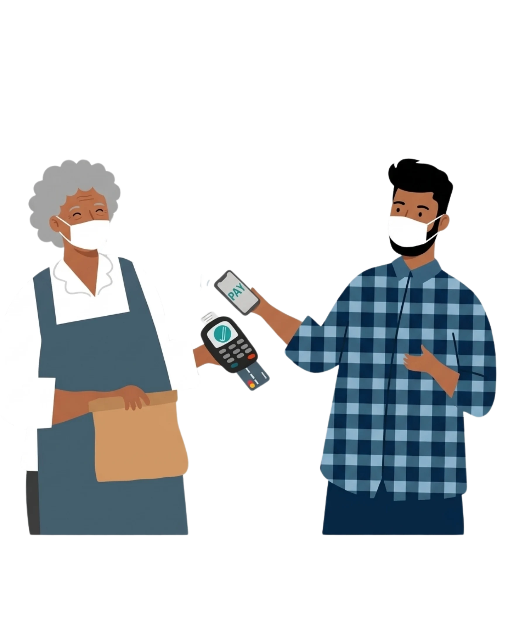 A vector illustration of a delivery worker accepting a contactless mobile payment from a customer