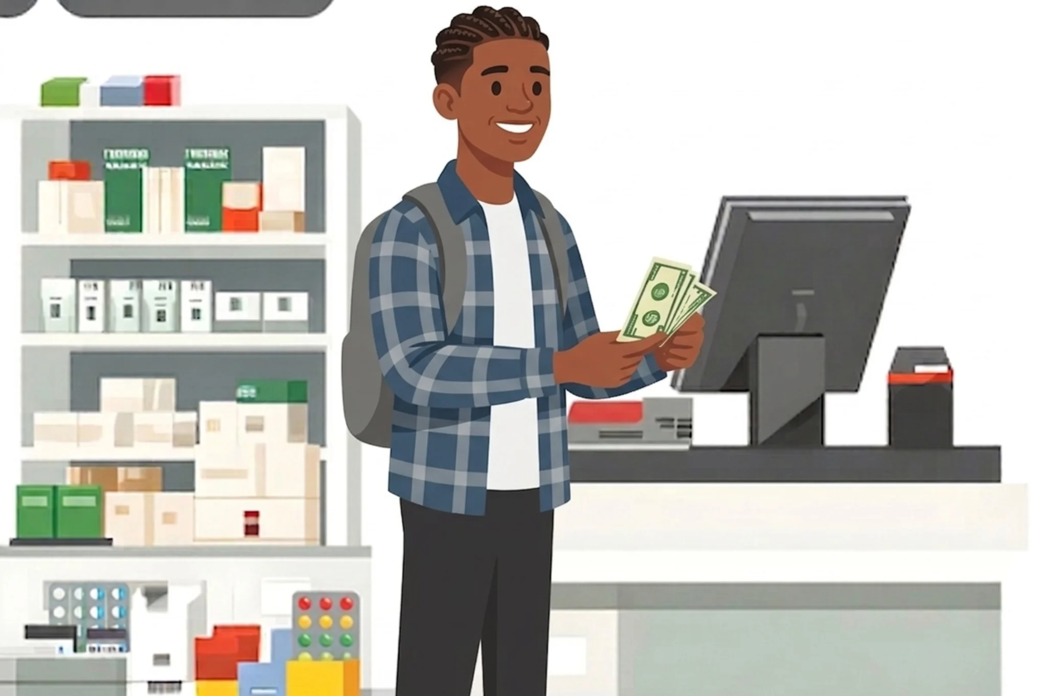 An illustration of a man with a backpack holding cash while standing at a checkout counter in a store.