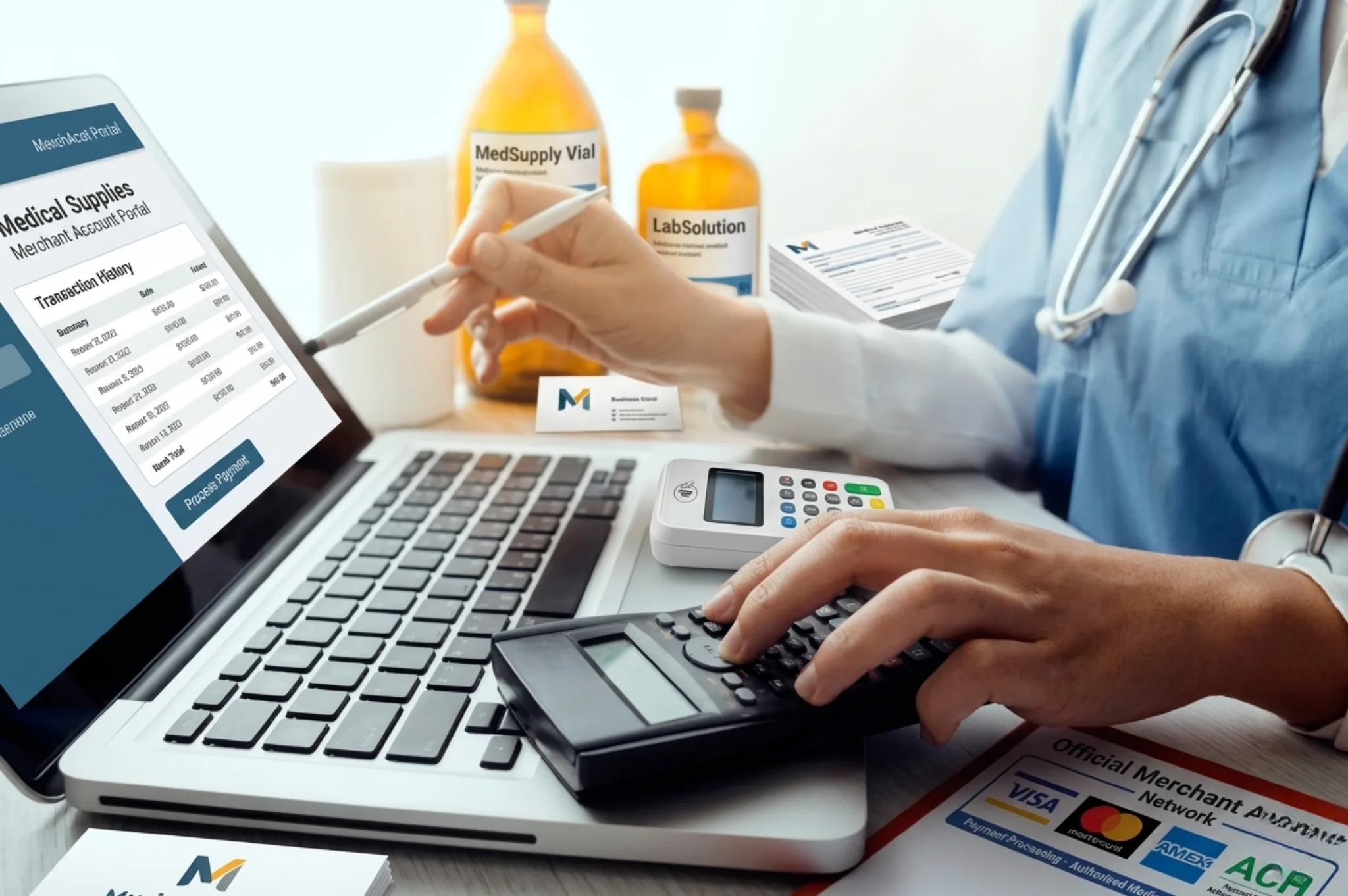 A medical professional reviews a financial transaction history for supplies on a laptop.