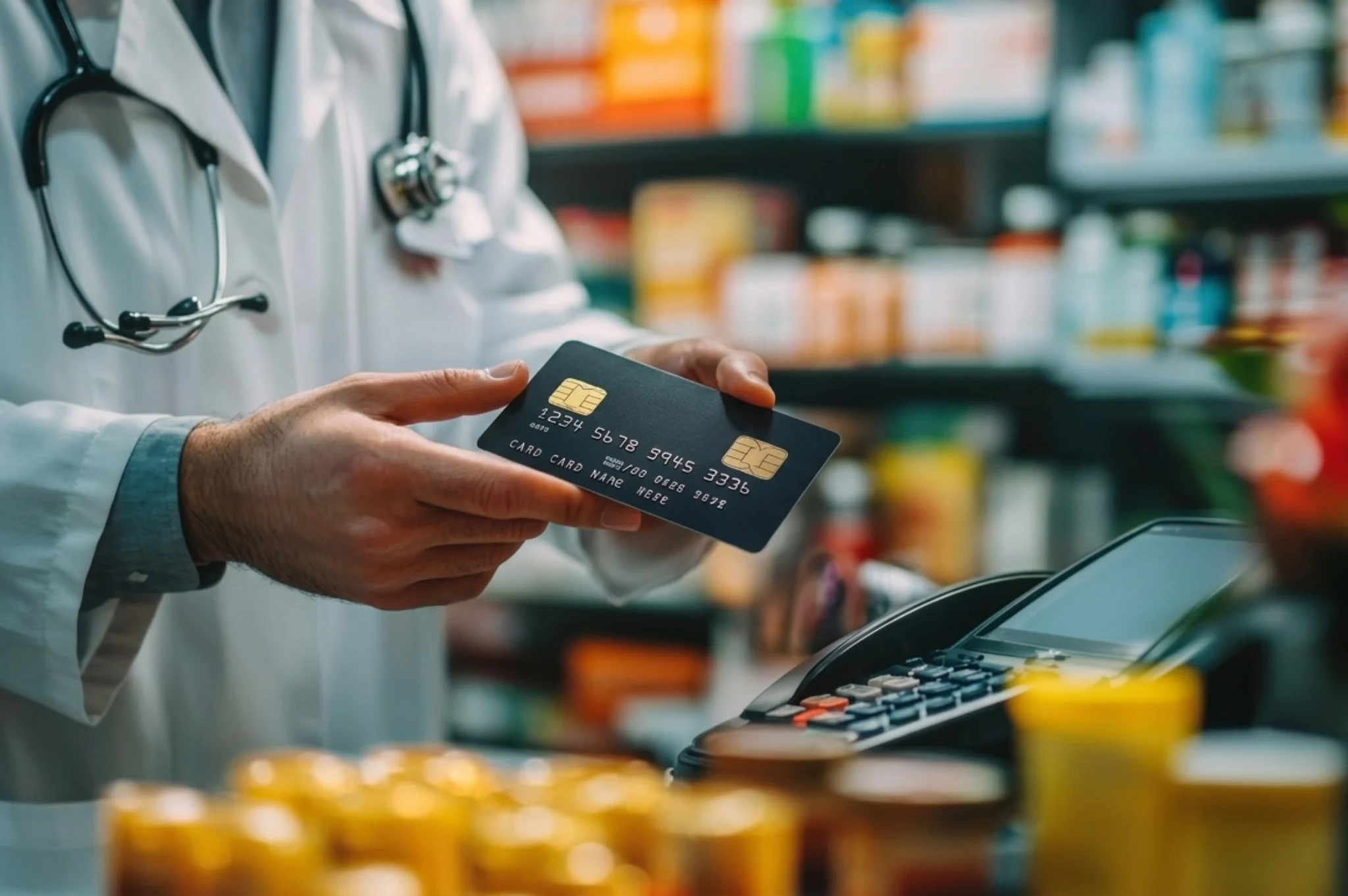 A pharmacist in a white lab coat holding a black credit card over a payment terminal in a pharmacy setting