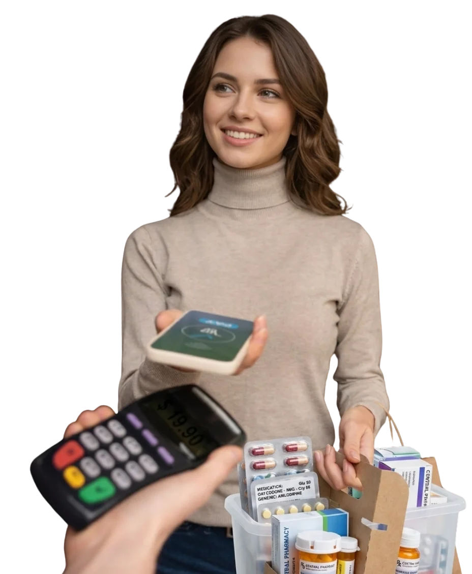 A woman paying for a pharmacy delivery using her smartphone at a card reader.