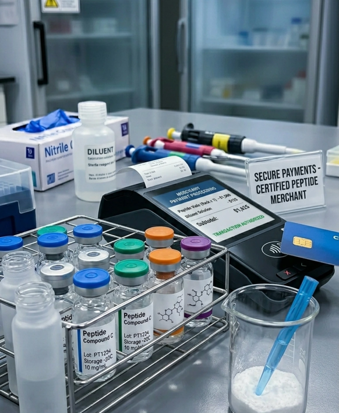 Peptide vials, payment terminal, lab