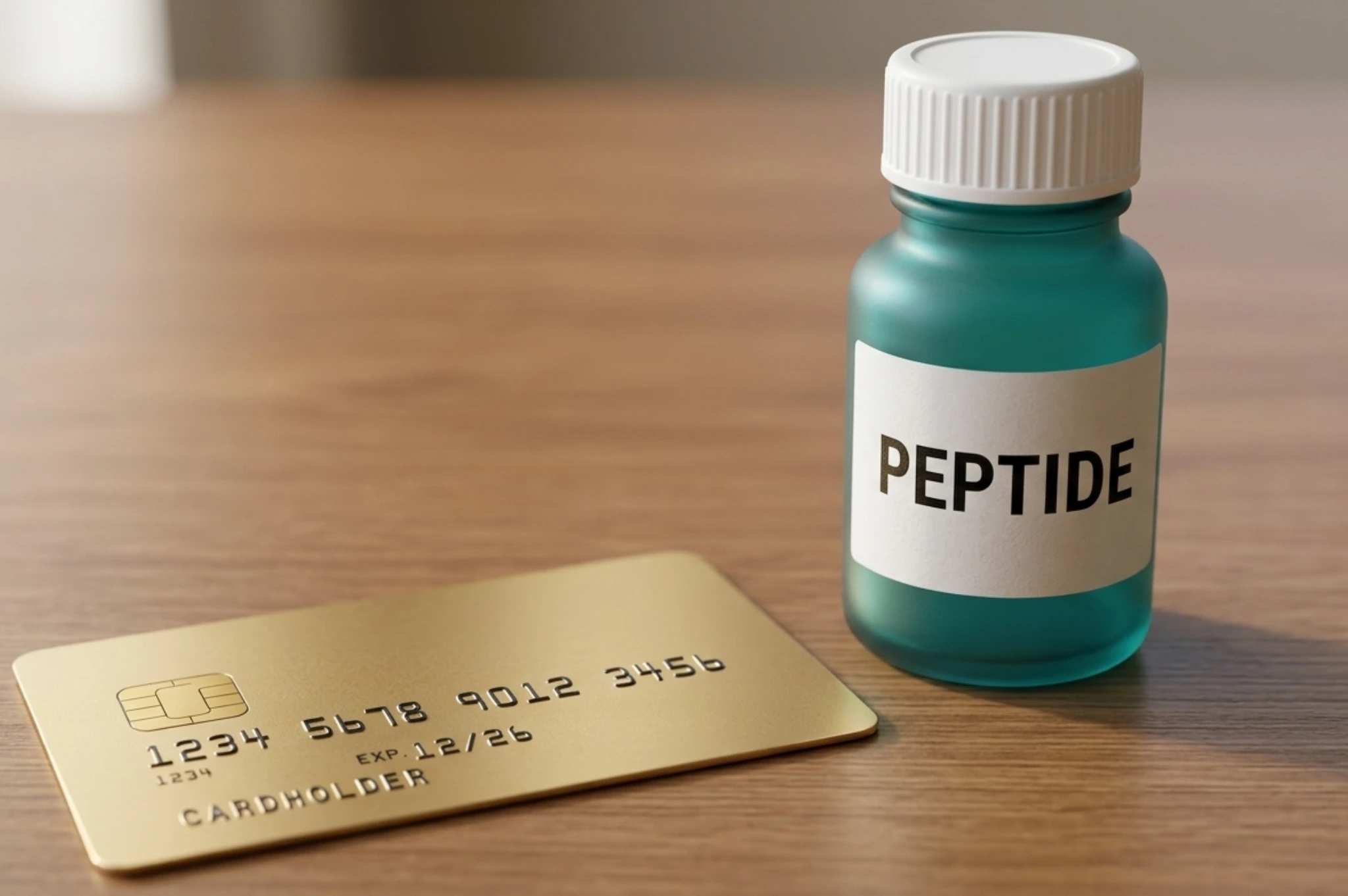 A gold credit card and sits next to a green-blue bottle of peptide