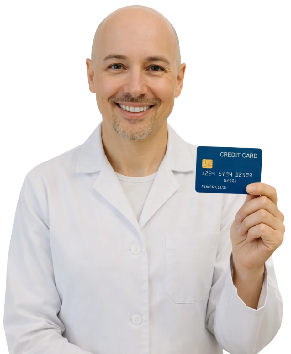 Doctor in a white coat with a stethoscope, holding and presenting a blue credit card