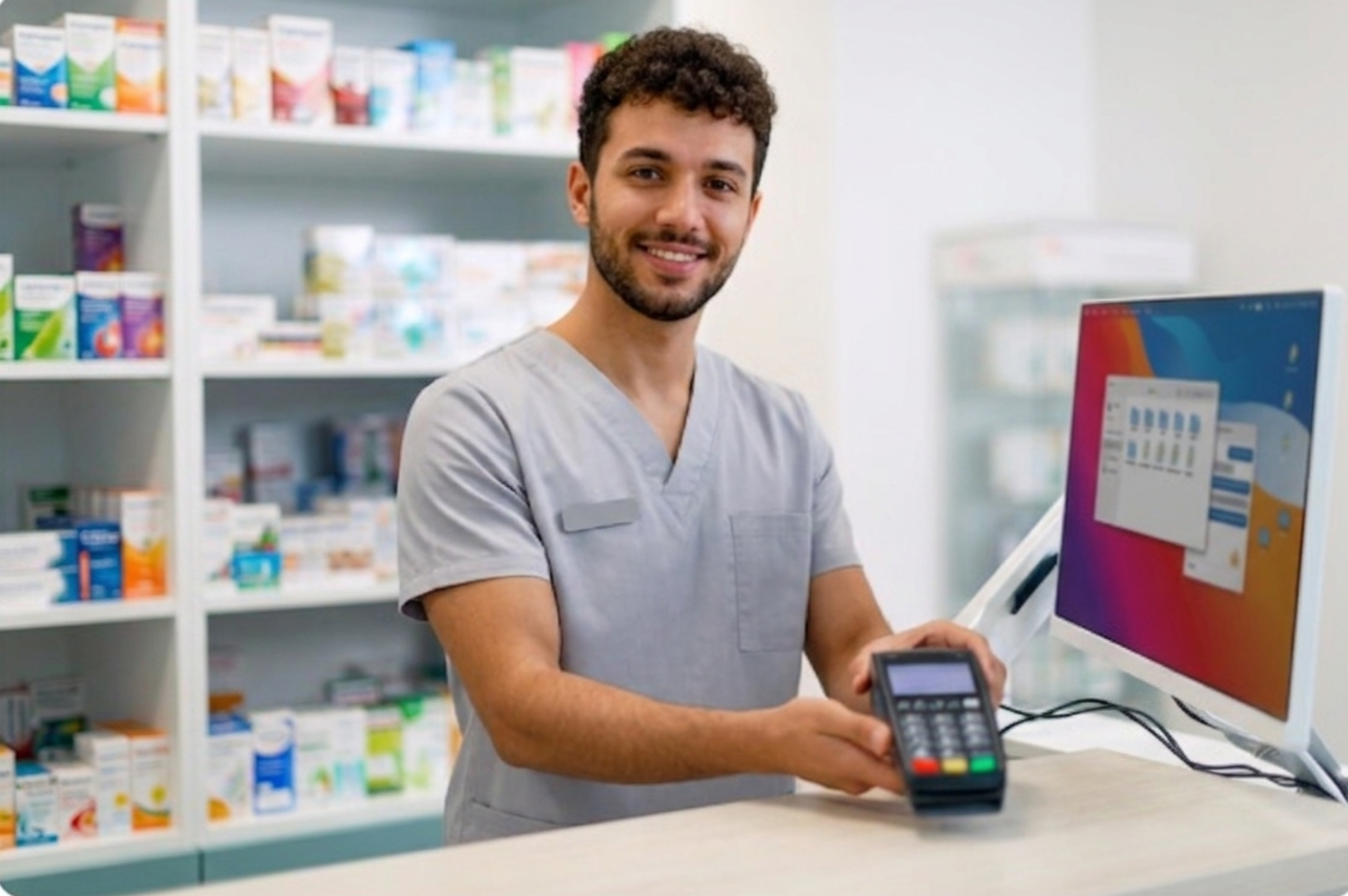 A man holding a pos system in his hand