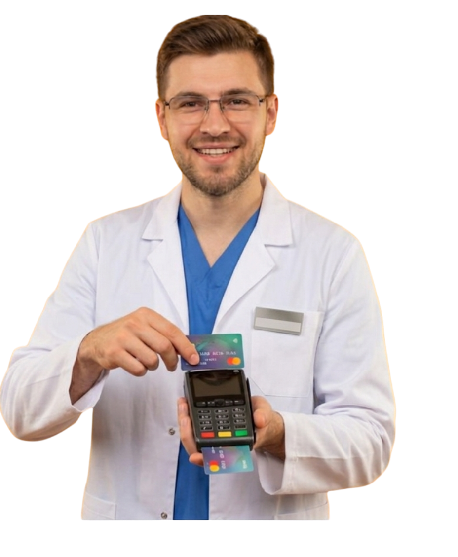 A male doctor holds a payment terminal with a credit card inserted and another card in his other hand.