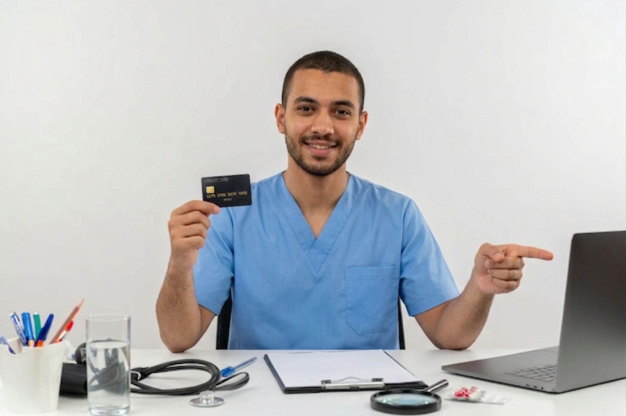 A man sits at a white table, holding a credit card in his right hand and pointing with his left at a laptop on the table.