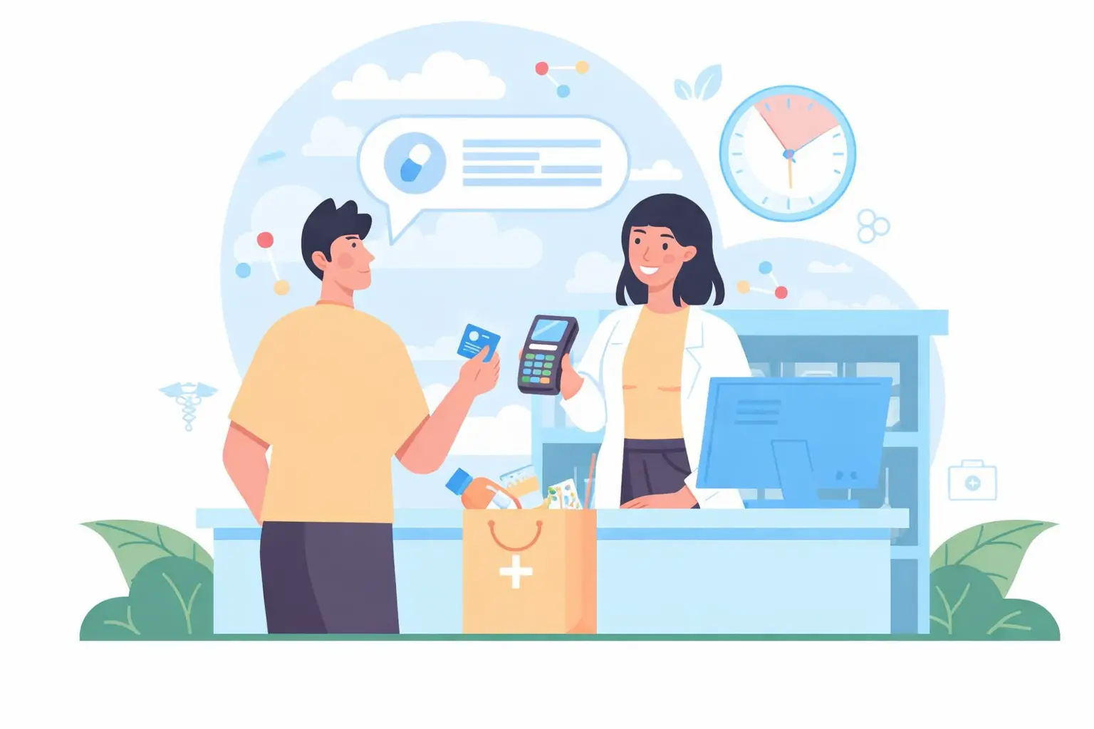 A customer holds a payment card while a pharmacist stands behind the counter holding a POS machine, ready to process the transaction