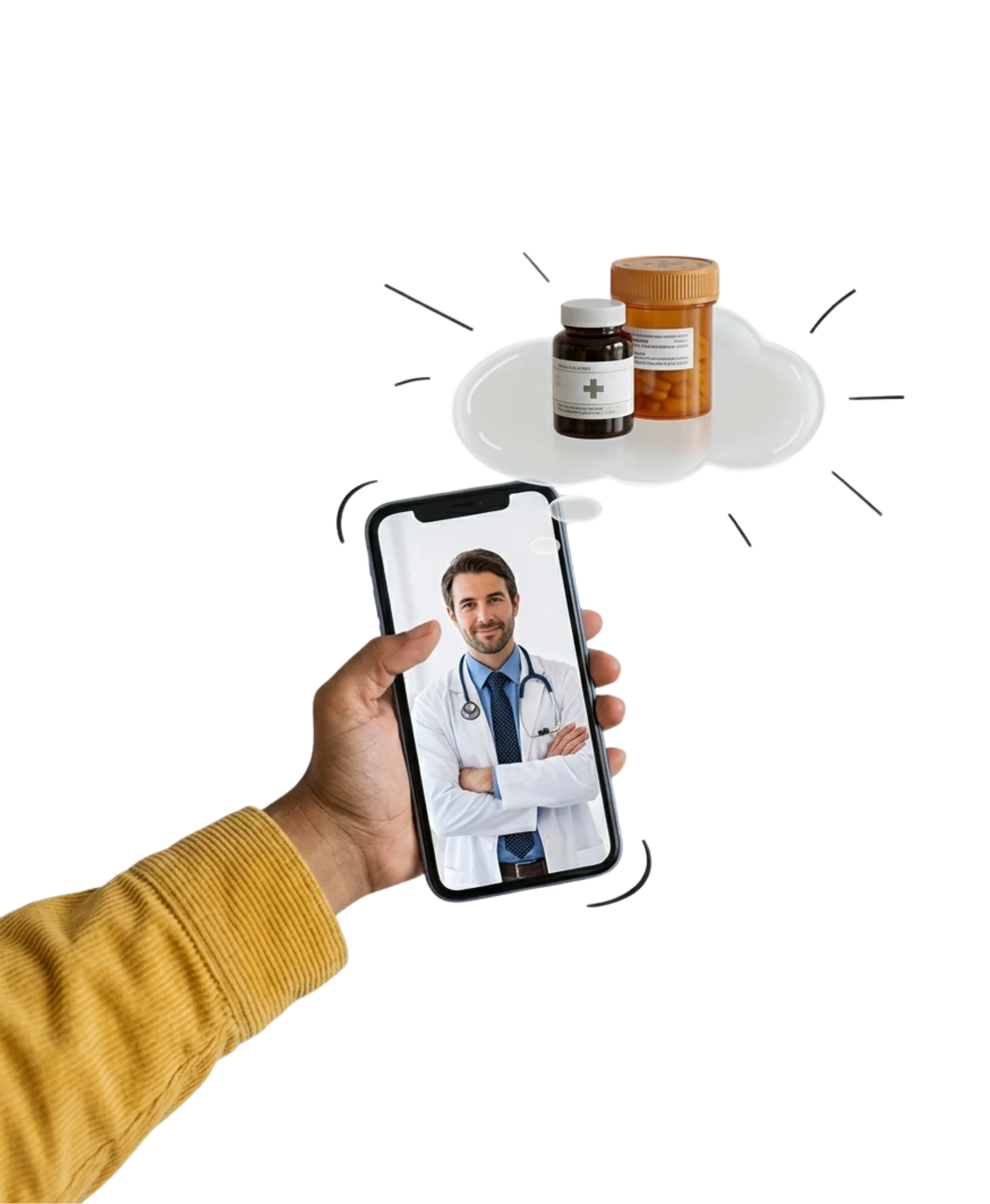 A hand holds a smartphone showing a realistic male doctor on a video call, with a stylized thought bubble above it containing medicine bottles.