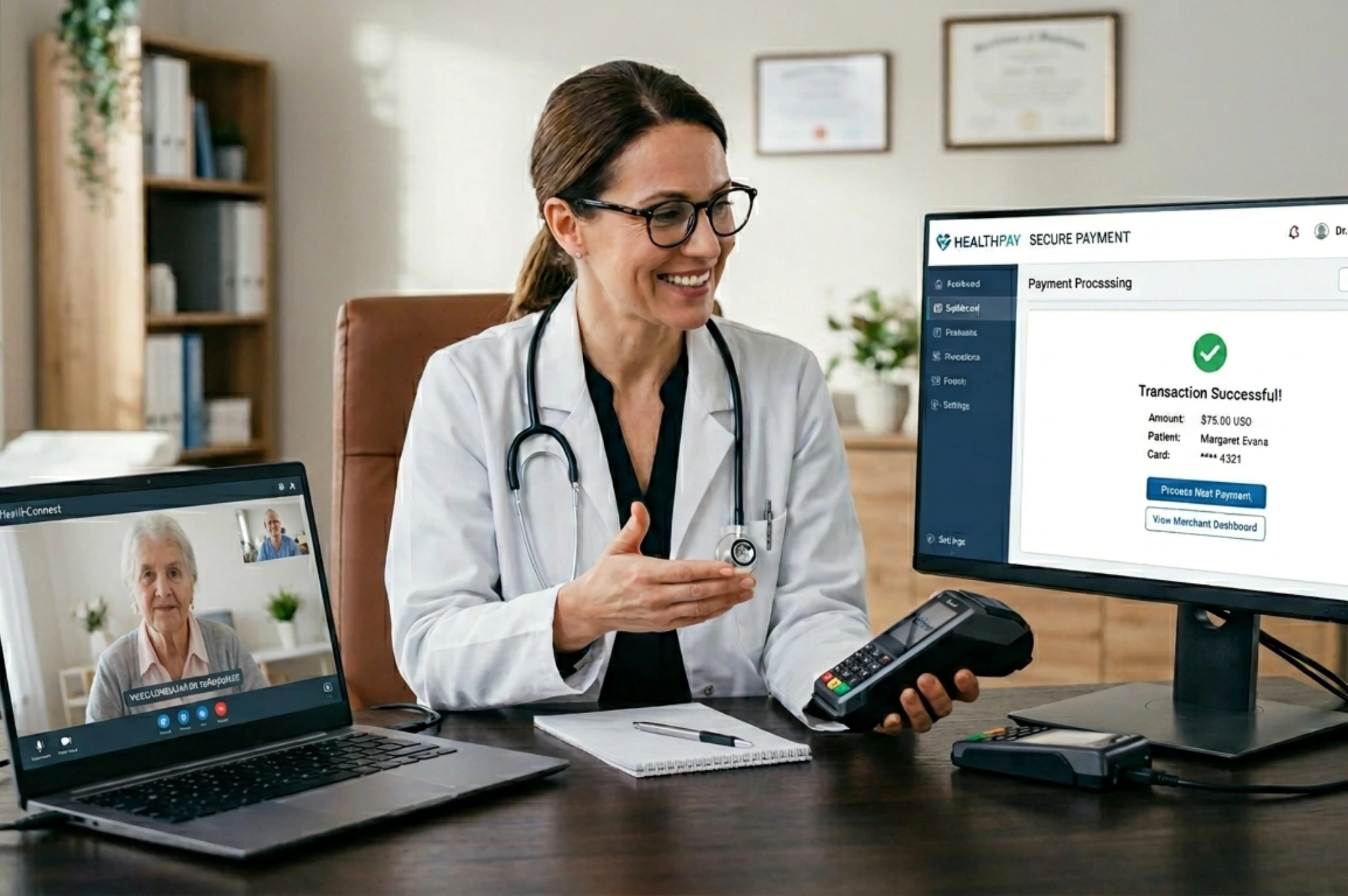 A doctor in a white coat facilitates a secure transaction while interacting with an elderly patient