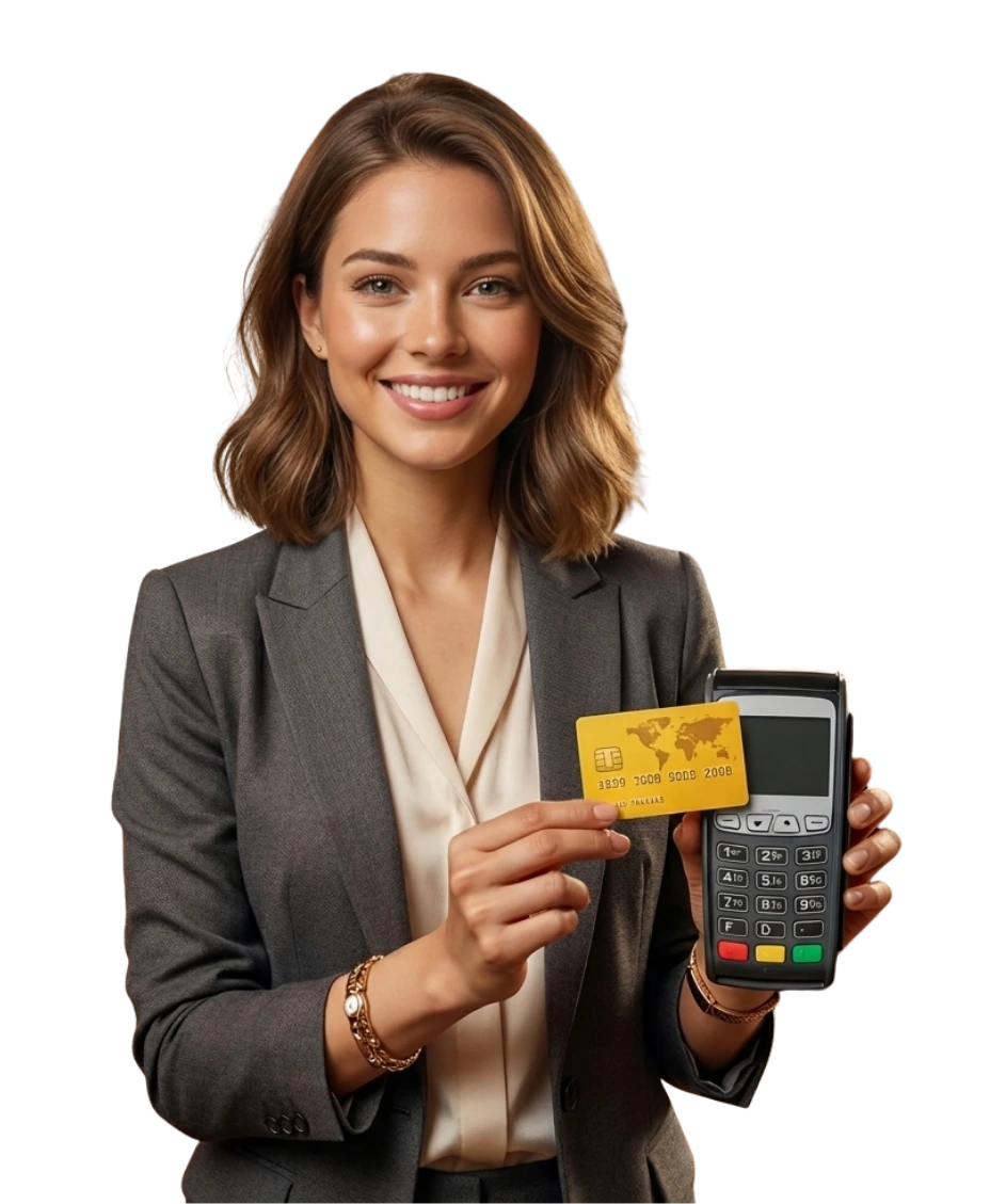 A Women holding a yellow credit card and a payment machine