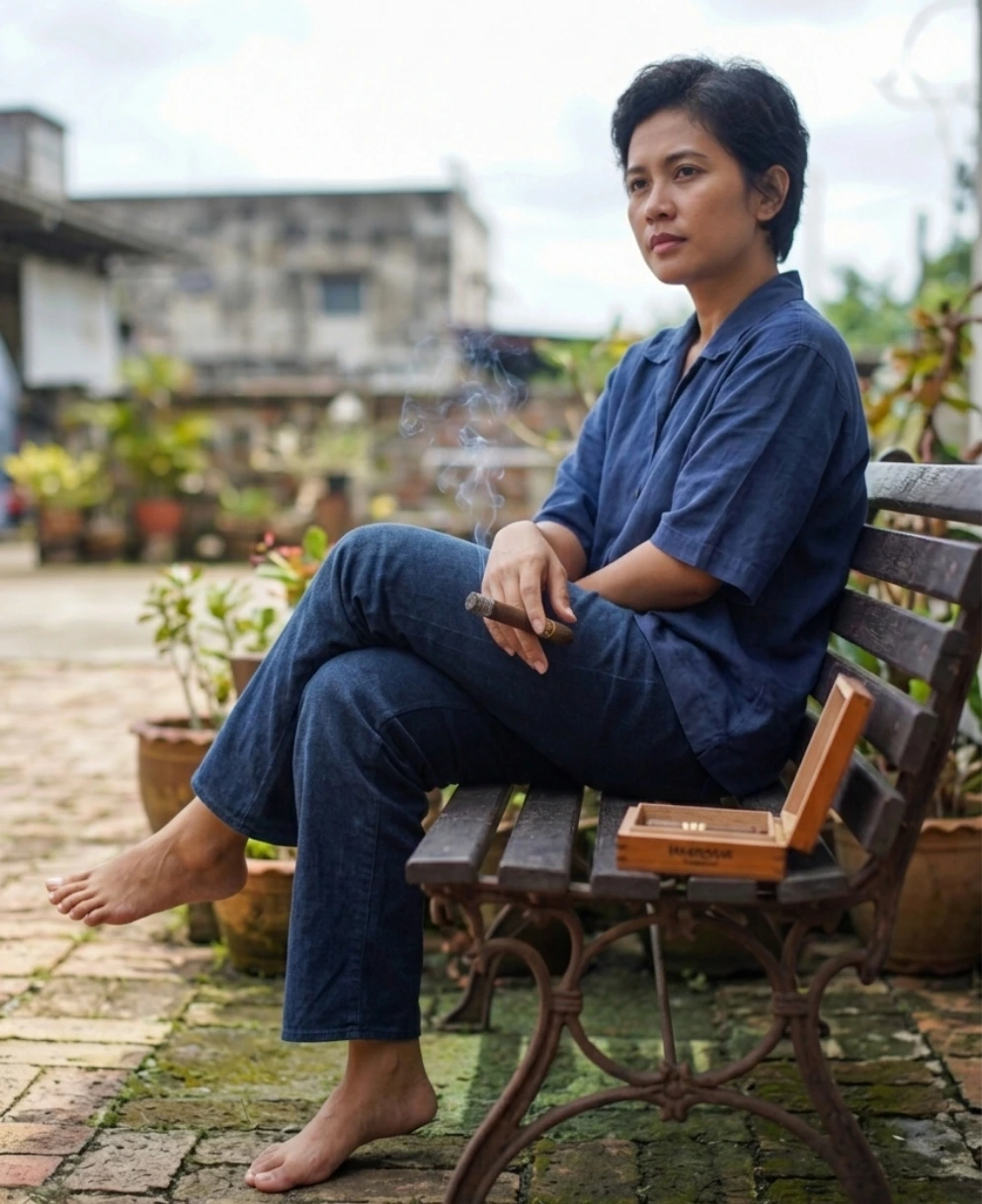 A person with short hair sitting on a wooden bench outdoors, holding a lit cigar