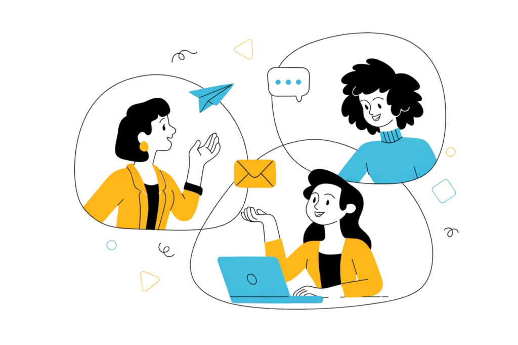 Three women in a minimal flat illustration communicating digitally with message icons, wearing yellow and blue outfits.